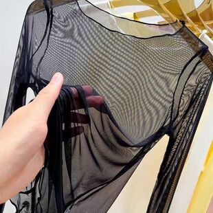 300斤超薄防晒t恤长袖 透明内搭纱衣大码 上衣 女夏季 胖MM网纱打底衫