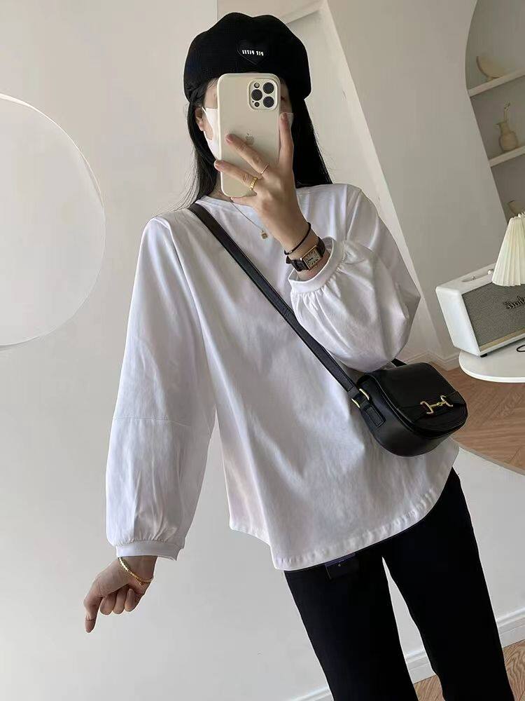 大码300斤早秋灯笼袖T恤女简约圆领宽松九分袖冰丝娃娃衫休闲上衣