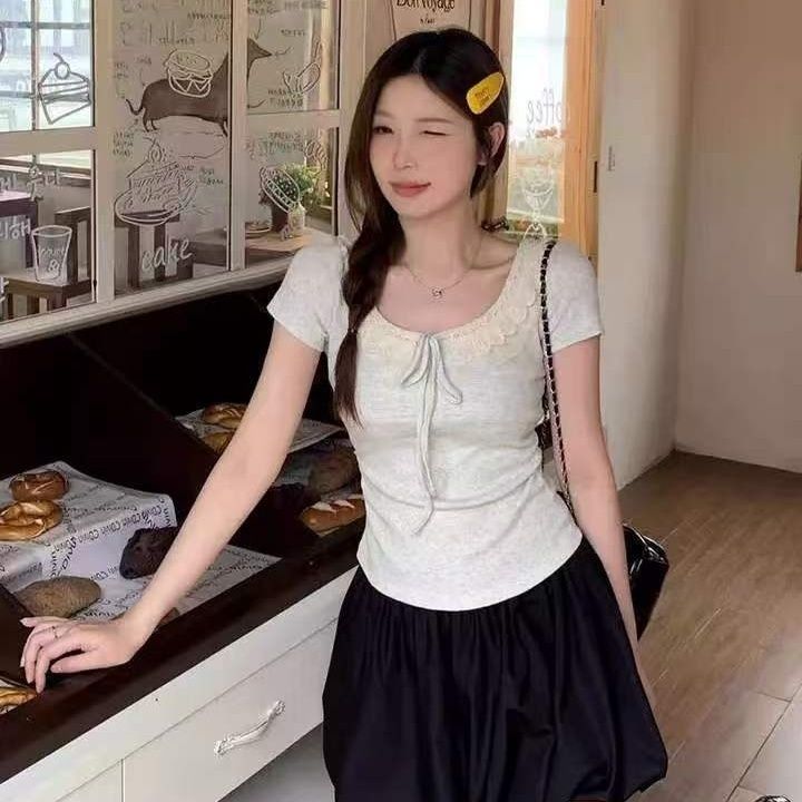 甜美蕾丝花边2026夏季拼接短袖T恤宽松大码绝美系带收腰显瘦上衣