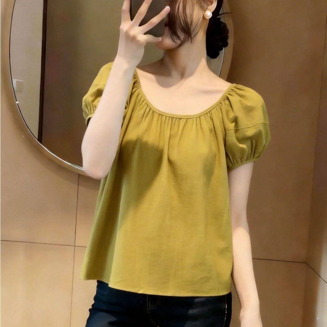 时尚圆领褶皱泡泡袖短袖T恤女夏季大码胖MM休闲百搭气质显瘦上衣