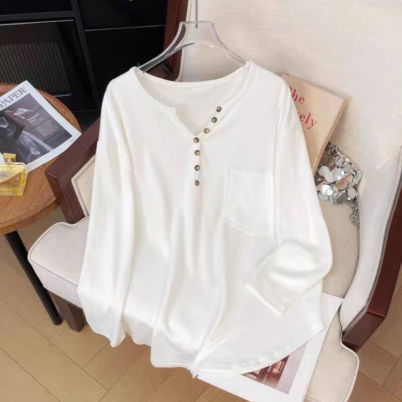 纽扣半开领长袖T恤春秋大码300斤胖mm中长款遮屁股打底百搭上衣女
