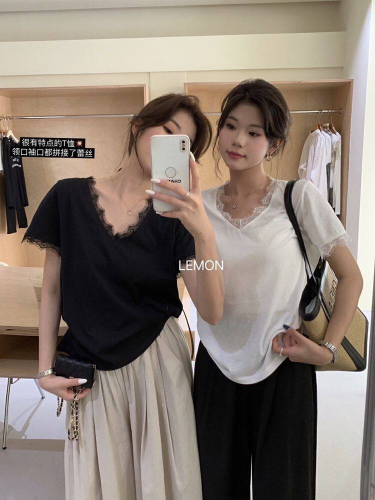 法式休闲蕾丝花边v领正肩短袖t恤女夏季设计感宽松上衣大码300斤