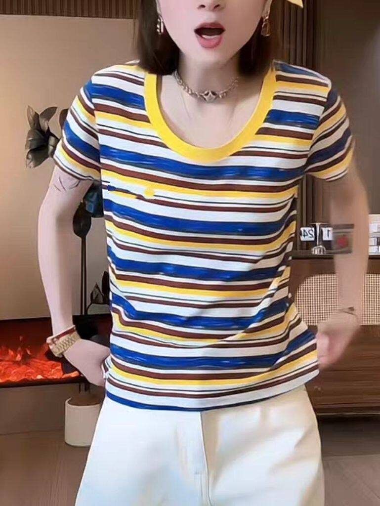 大码300斤2025夏季洋气彩色条纹甜美时尚潮流打底衫短袖T恤女上衣