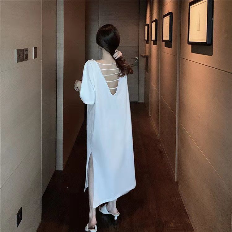 大码300斤女装夏季性感露背懒人睡裙长款大码300斤开衩美背家居服
