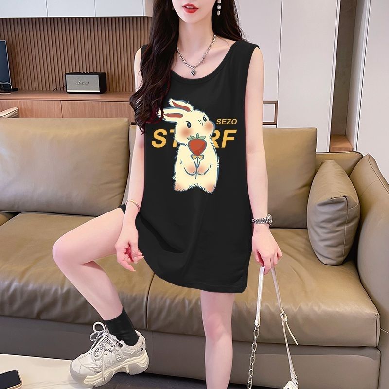 无袖背心多巴胺穿搭t恤女装夏季大码300斤宽松中长款坎肩冰丝上衣