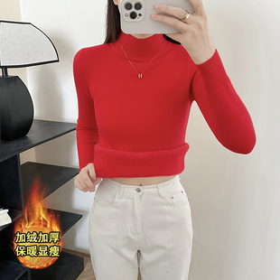 秋冬加绒毛衣女加厚一体绒内搭大码半高领套头打底针织衫保暖上衣