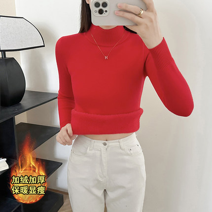 秋冬加绒毛衣女加厚一体绒内搭大码半高领套头打底针织衫保暖上衣