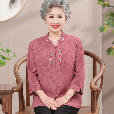 网红爆款奶奶夏装衬衫2025新款上衣绣花立领妈妈衬衣中老年人女装