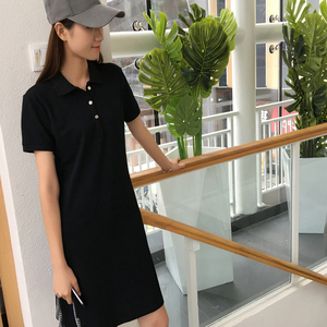 2020大码夏季新款韩版简约时尚翻领短袖女A字修身显瘦中长连衣裙