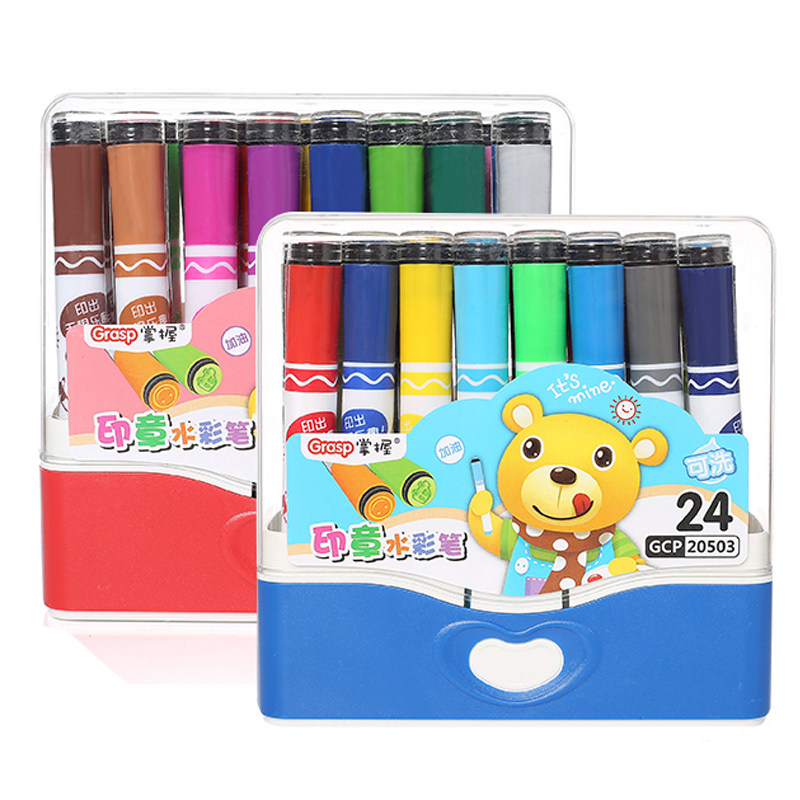印章水彩笔套装儿童幼儿园小学生用彩笔彩色笔大容量水彩画笔24色36色