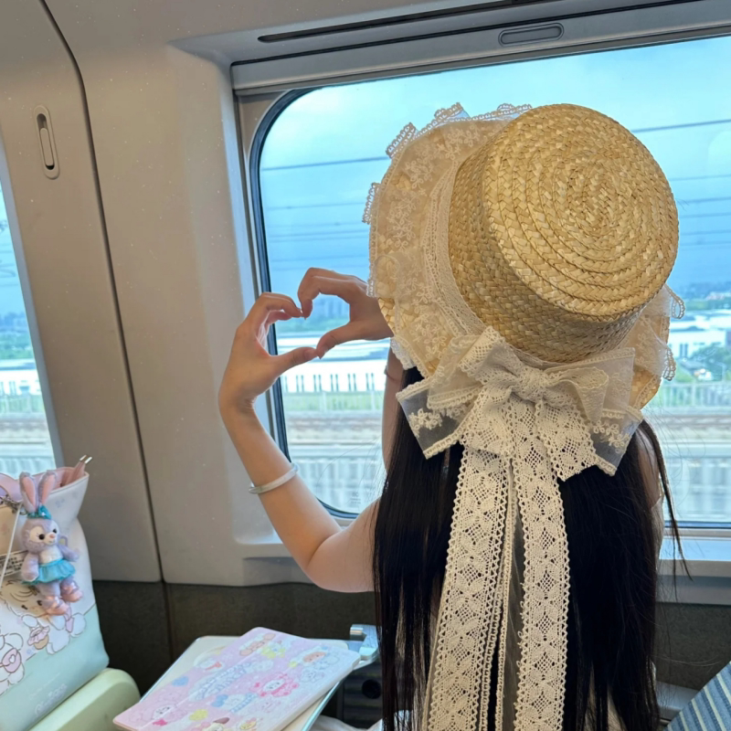 lolita草帽日系可爱软妹草帽洛丽塔蕾丝蝴蝶结遮阳帽出游长飘带