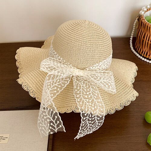夏天防晒帽法式蕾丝蝴蝶结草帽女夏海边沙滩波浪边大帽檐太阳帽