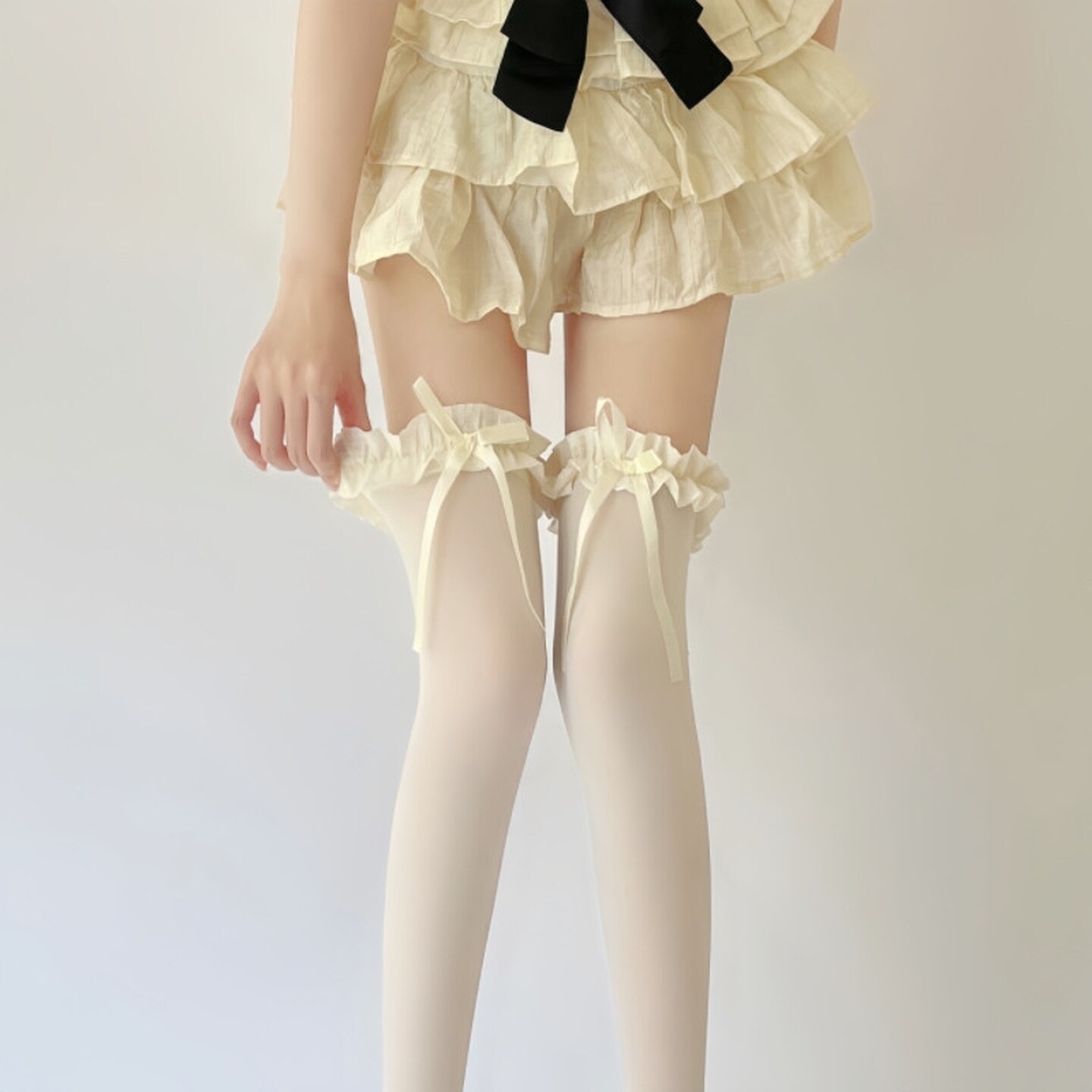 白丝袜过膝蝴蝶结绑带lolita小腿袜过膝袜花边甜美jk春季薄款大腿