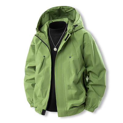 秋冬冲锋衣连帽纯色防水女款薄款单冲防风外套男款三防登山服