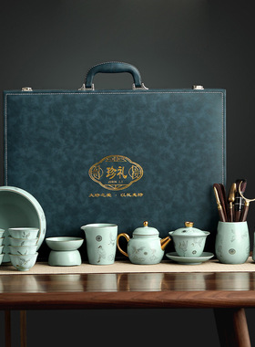 陈培明大师汝窑仙鹤功夫茶具套装家用送礼轻奢高档礼盒办公茶壶