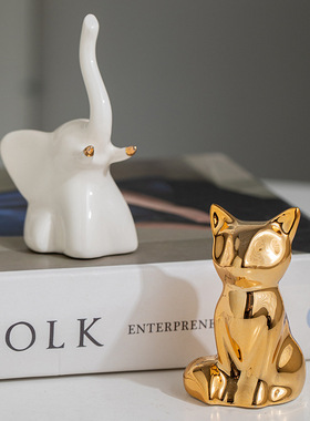 陶瓷金色大象狐狸小摆件电镀动物橱窗家居轻奢高档创意装饰品批发