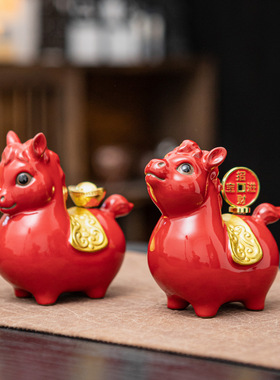 马上赚钱创意陶瓷生肖马摆件招财可爱红色小马家居装饰品新年礼品