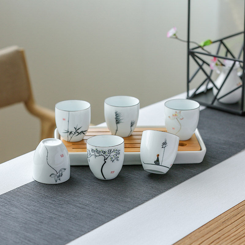 手绘品茗杯单杯 陶瓷大号主人杯 白瓷薄胎红茶杯个人杯功夫茶杯
