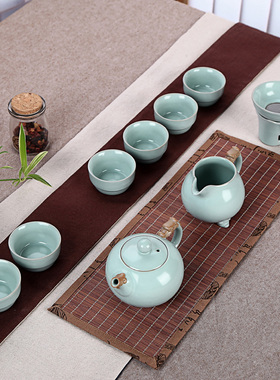 汝窑茶具套装 整套办公室陶瓷功夫盖碗茶具浮雕茶壶茶杯 开片汝瓷