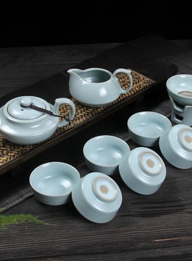 德化正品开片汝窑陶瓷茶具套装 整套功夫茶具办公汝瓷 茶杯茶壶漏