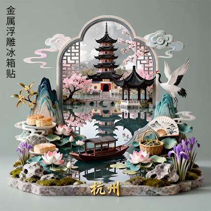 杭州西湖雷峰塔金属浮雕立体冰箱贴旅游景区装饰纪念品磁吸伴手礼