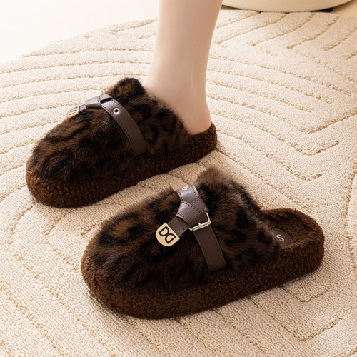 豹纹毛毛拖鞋女秋冬外穿2025新爆款网红高级感厚底毛绒包头棉拖鞋