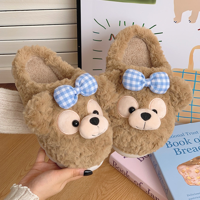 可爱小熊棉拖鞋女秋冬季外穿厚底居家防滑包跟加绒保暖月子鞋软底