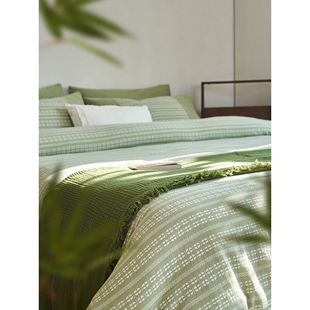美~草绿色生机勃勃~全棉四件套优雅纱线色织提花双层纱纯棉床品