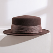 百搭平顶帽子 复古优雅羊毛毡帽时尚 2025新款 真丝麻礼帽女秋冬法式