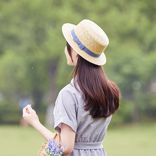 帽子平顶草帽女遮阳帽麦秆草帽小清新沙滩度假防晒太阳帽礼帽 夏季