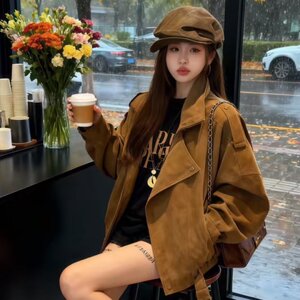 2025秋冬新款美拉德机车服夹克外套女小个子复古机车麂皮绒上衣