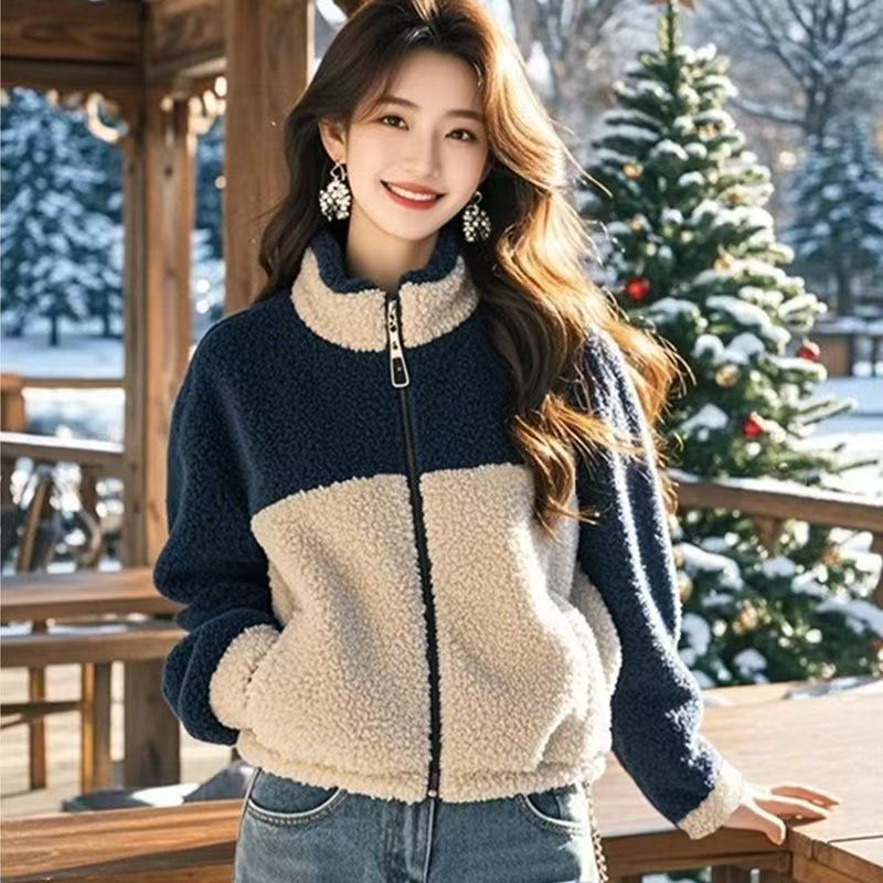 韩系小个子超好看小香风藏蓝色羊羔毛外套加厚女2025新款爆款春季