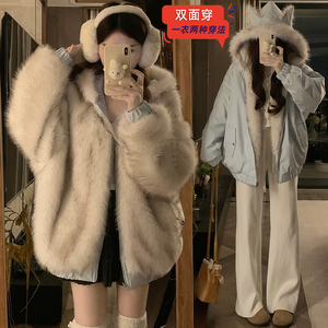 实拍韩系甜美连帽两穿毛毛短外套女秋冬新款宽松加厚毛绒保暖棉服