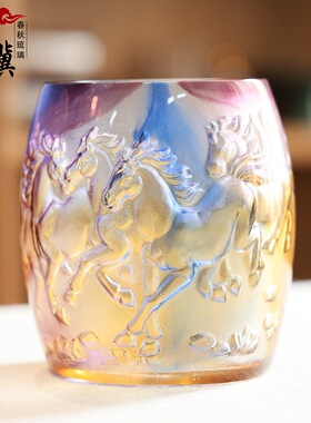 琉璃骏马笔筒桌面实用摆件生肖马幻彩群骥书房办公室文房用品