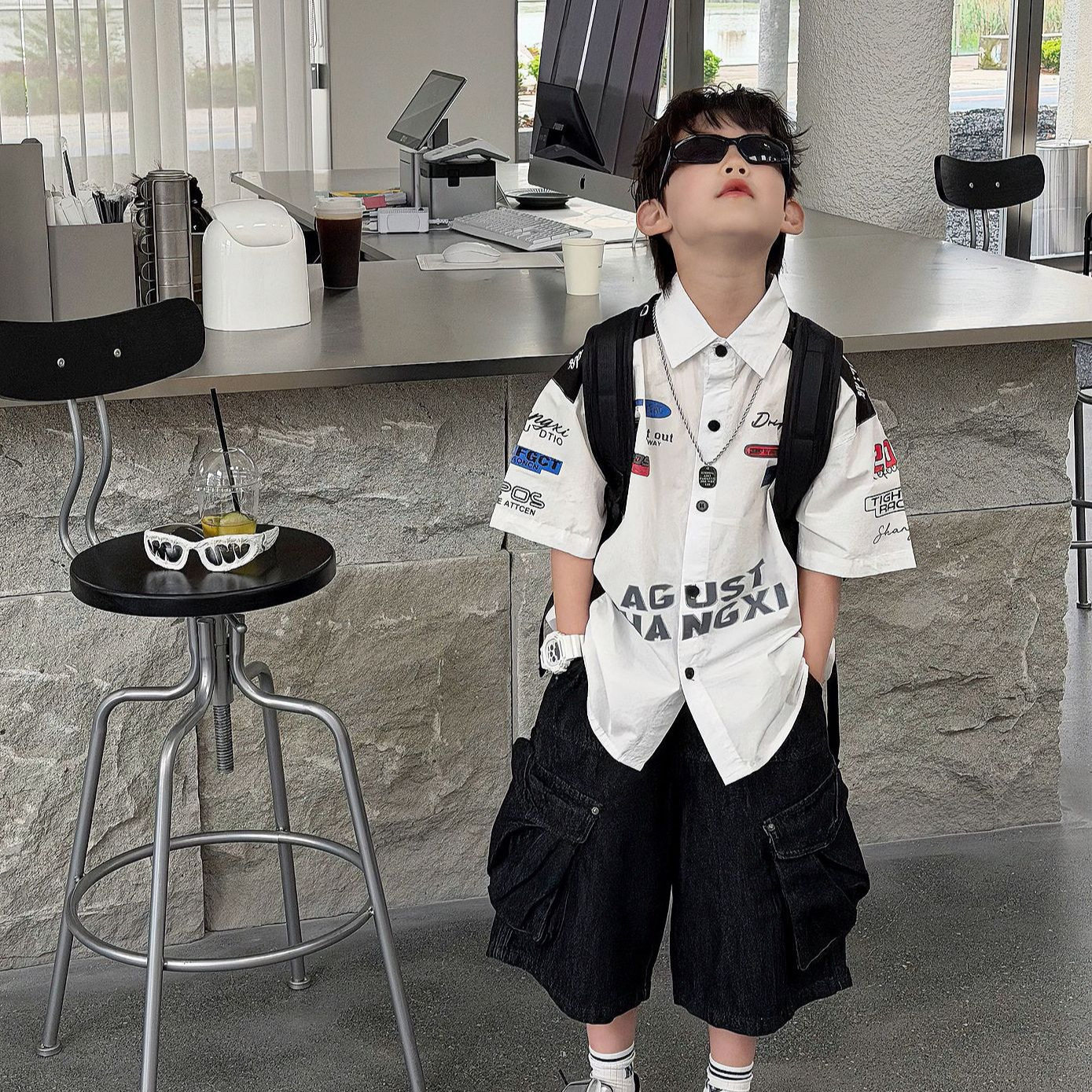 2026夏季新款儿童韩版休闲美式衬衫男童洋气街头短袖上衣痞帅风