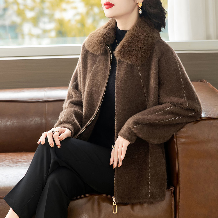 秋冬季大码女装毛领水貂绒大衣女短款加厚毛呢外套妈妈装高贵气质