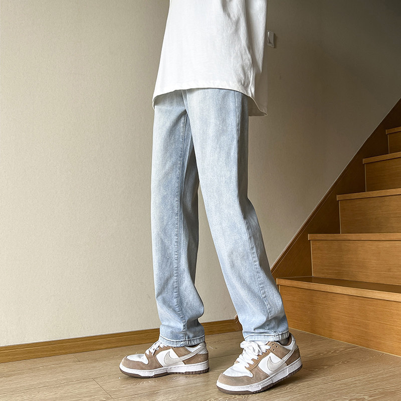 夏季高街美式裤子男宽松潮牌黄泥染牛仔裤修身浅色窄版直筒裤薄款