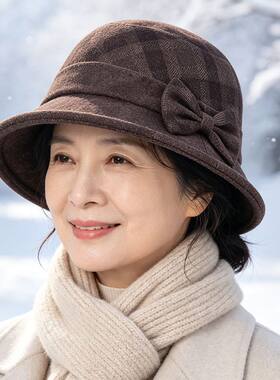 奶奶老人时尚渔夫帽妈妈防风冬帽中老年人帽子女秋冬保暖毛呢盆帽