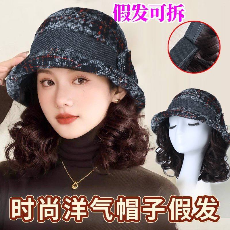 女秋冬假发一体帽子新款羊毛呢渔夫帽短卷发梨花卷气质中老年妈妈