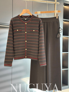 洋气妈妈装 新款 针织衫 女春装 气质百搭中年妇女条纹两件套 套装 时尚