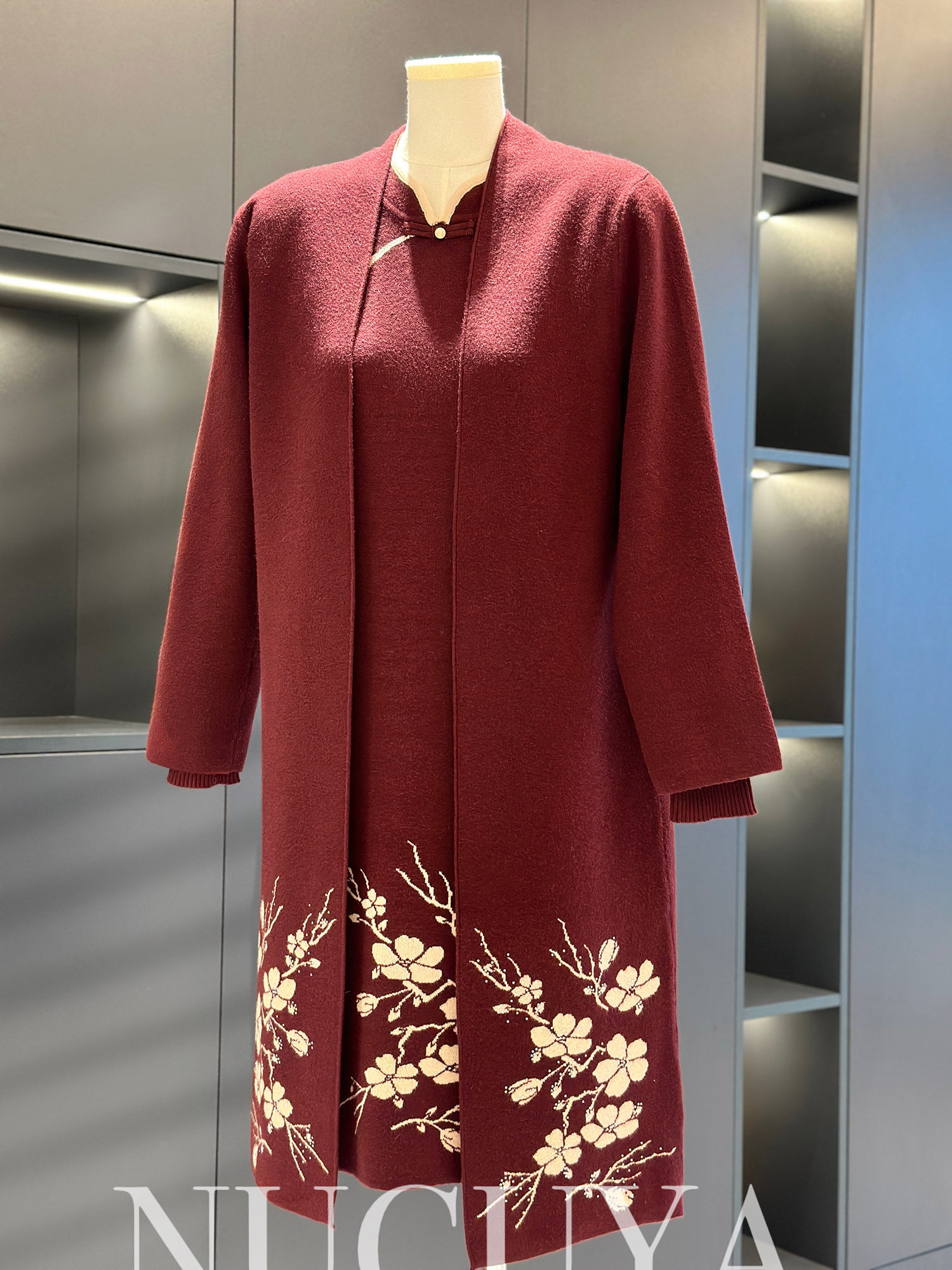 喜婆婆旗袍针织连衣裙女套装妈妈装冬装新款中老年长款毛衣两件套