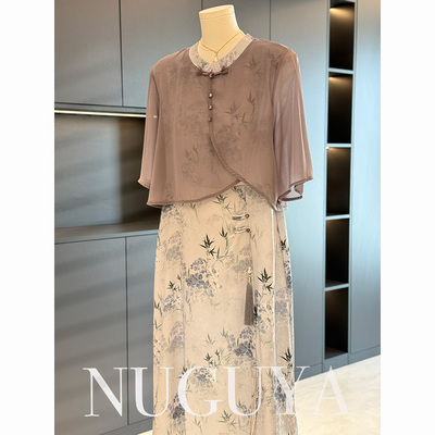 新中式国风妈妈装雪纺两件套女短袖夏装新款中长款裙子套装中老年