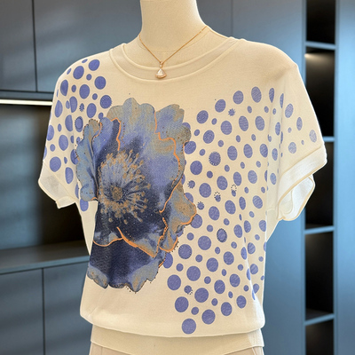 时尚休闲妈妈装印花针织衫女短袖夏装新款上衣气质百搭中老年T恤