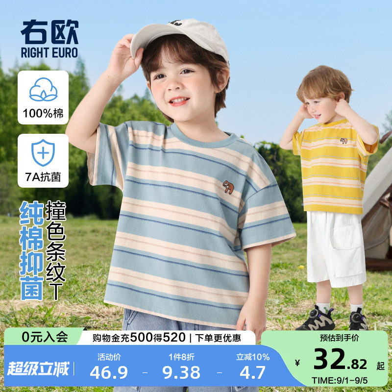 右欧男童女童条纹短袖T恤纯棉图片