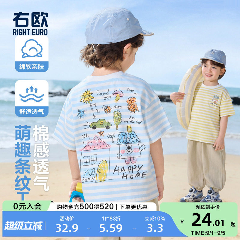右欧儿童条纹短袖T恤卡通动漫图片