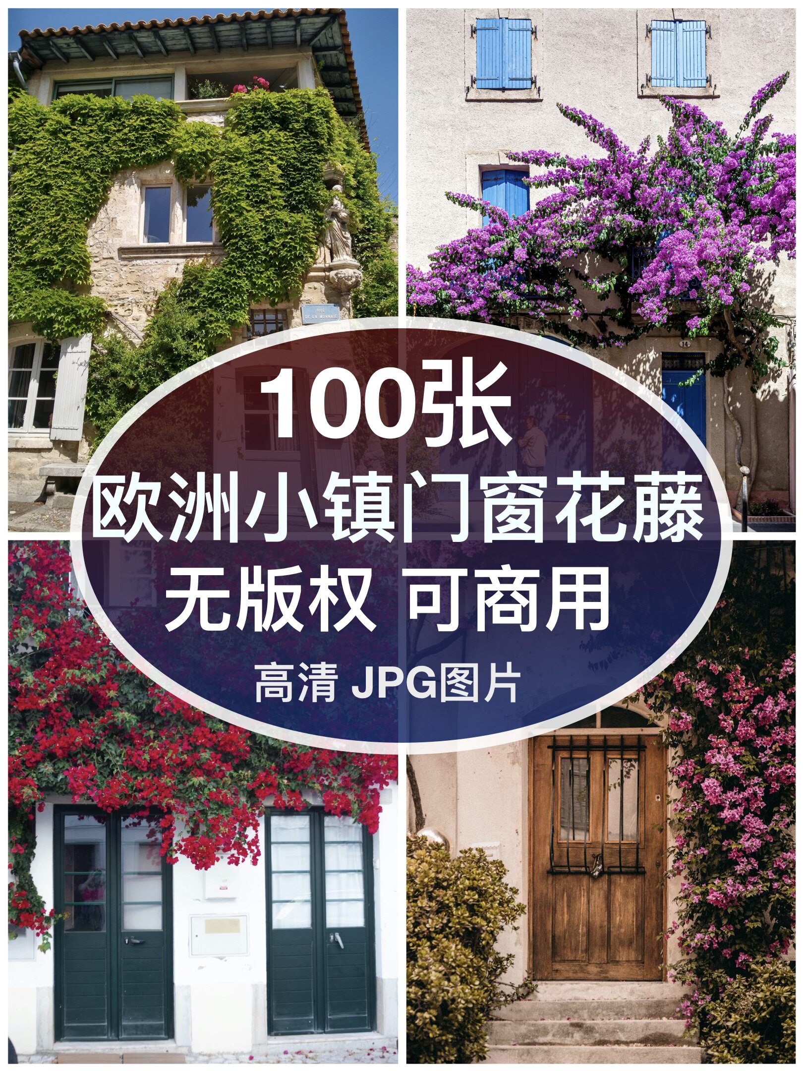 可商用 |高清欧洲小镇建筑木门旧门窗上的藤蔓鲜花图片素材无版权图片