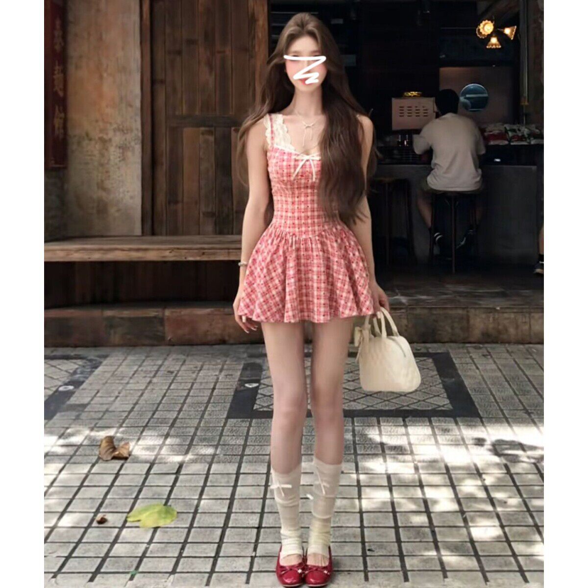 粉色格纹吊带洋装子女202