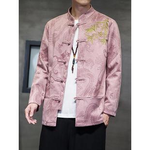 新夹克外套绒鹿皮唐装 刺绣中式 风男盘复古扣 中国男装 中老年中山装