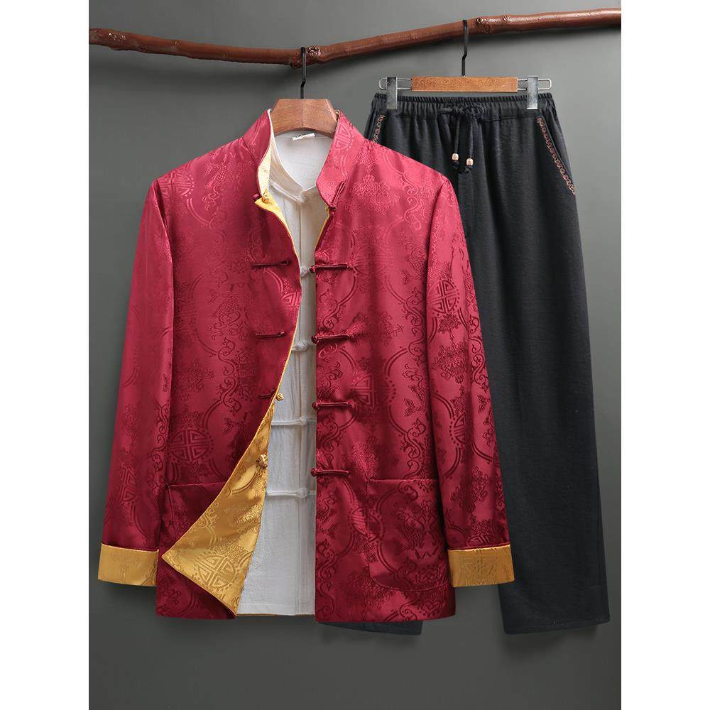 夹克唐装穿风套装中老年装复古盘扣外套春秋长袖爸爸中国男士双面