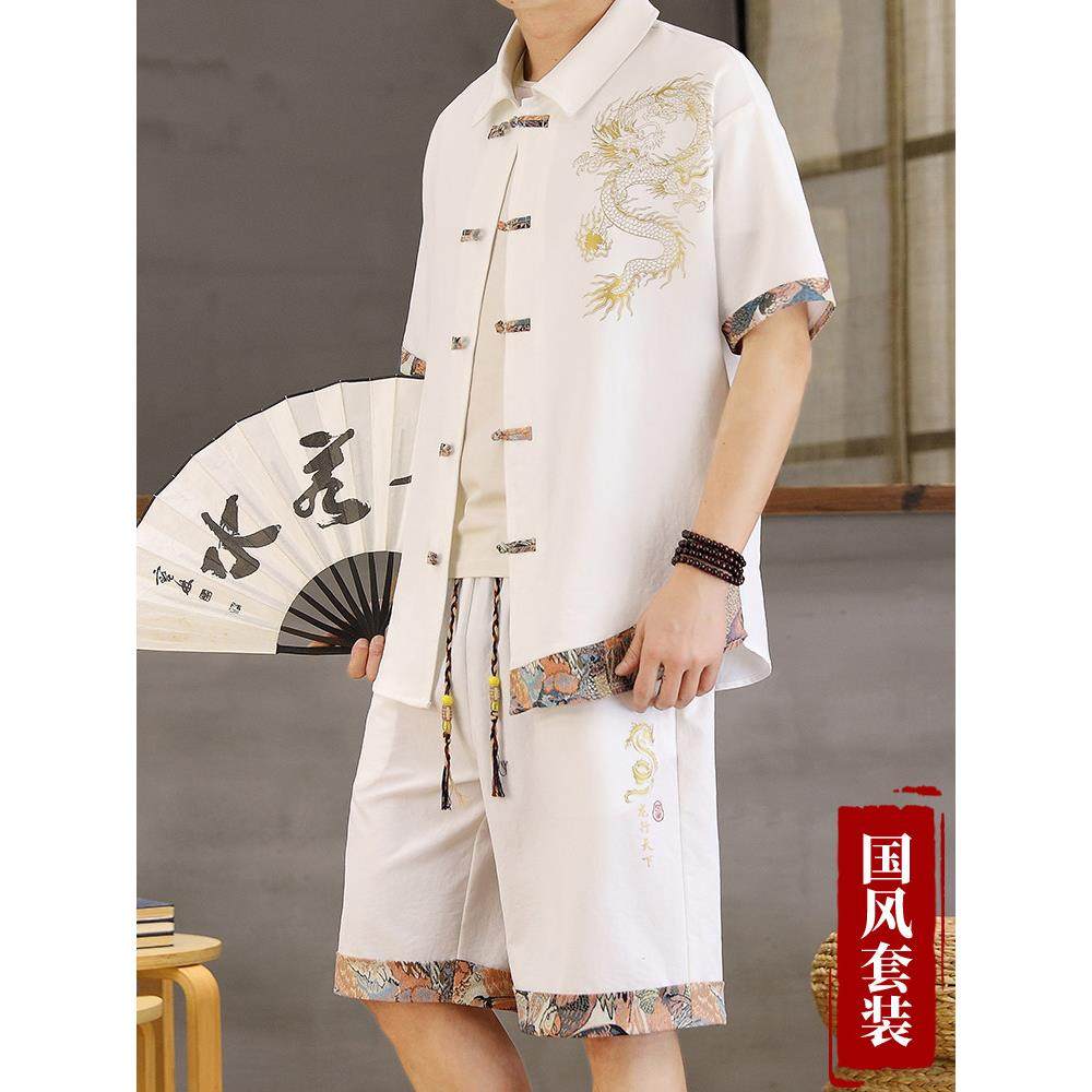 中国古风男士新2025男装薄款祥龙中式套装衬衫新款唐装两件套年风